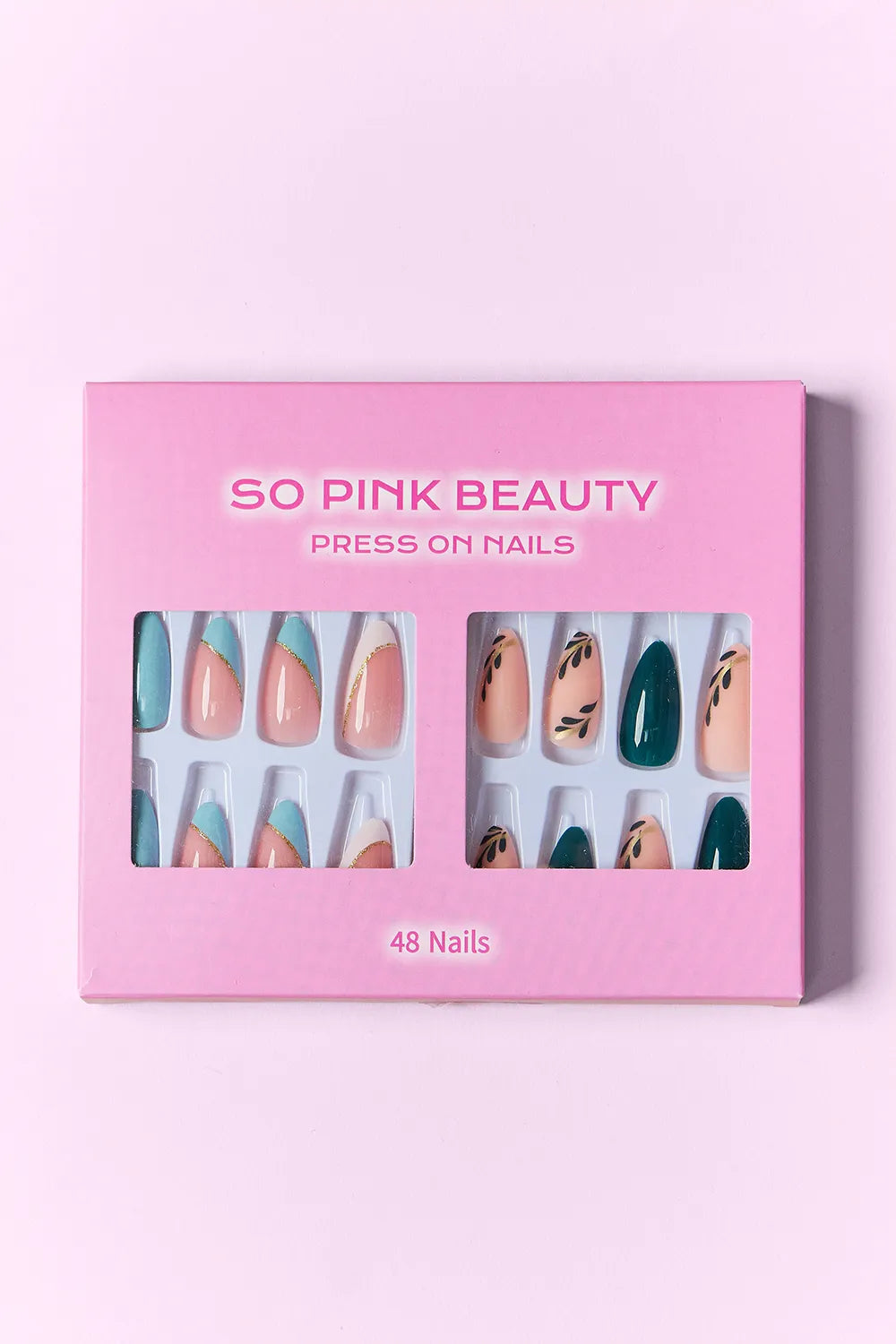 SO PINK BEAUTY press-on nails box, 48 nails, pastel blue and deep green nail patterns