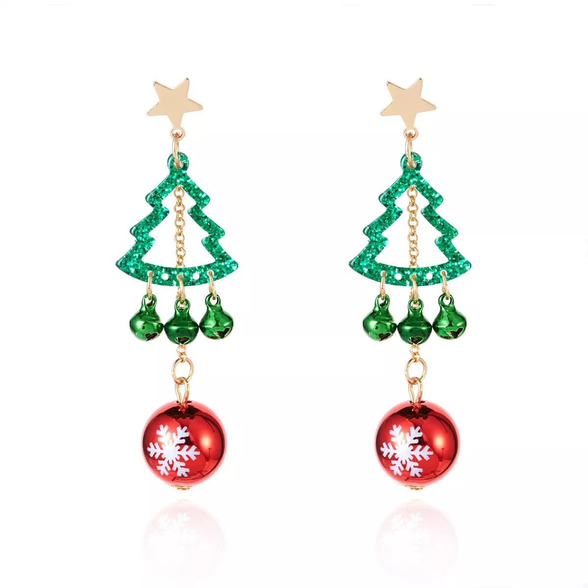 Matching pair of drop earrings: gold star tops, green trees, red snowflake baubles