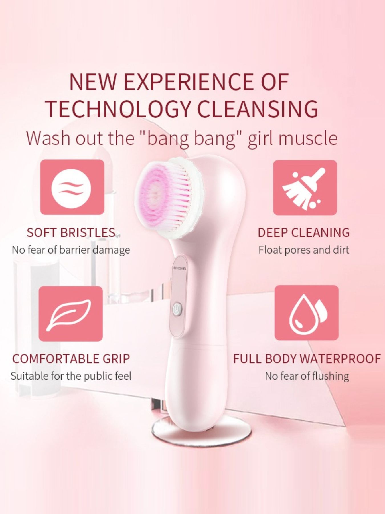 Dusty pink electric cleansing brush upright with round brush head