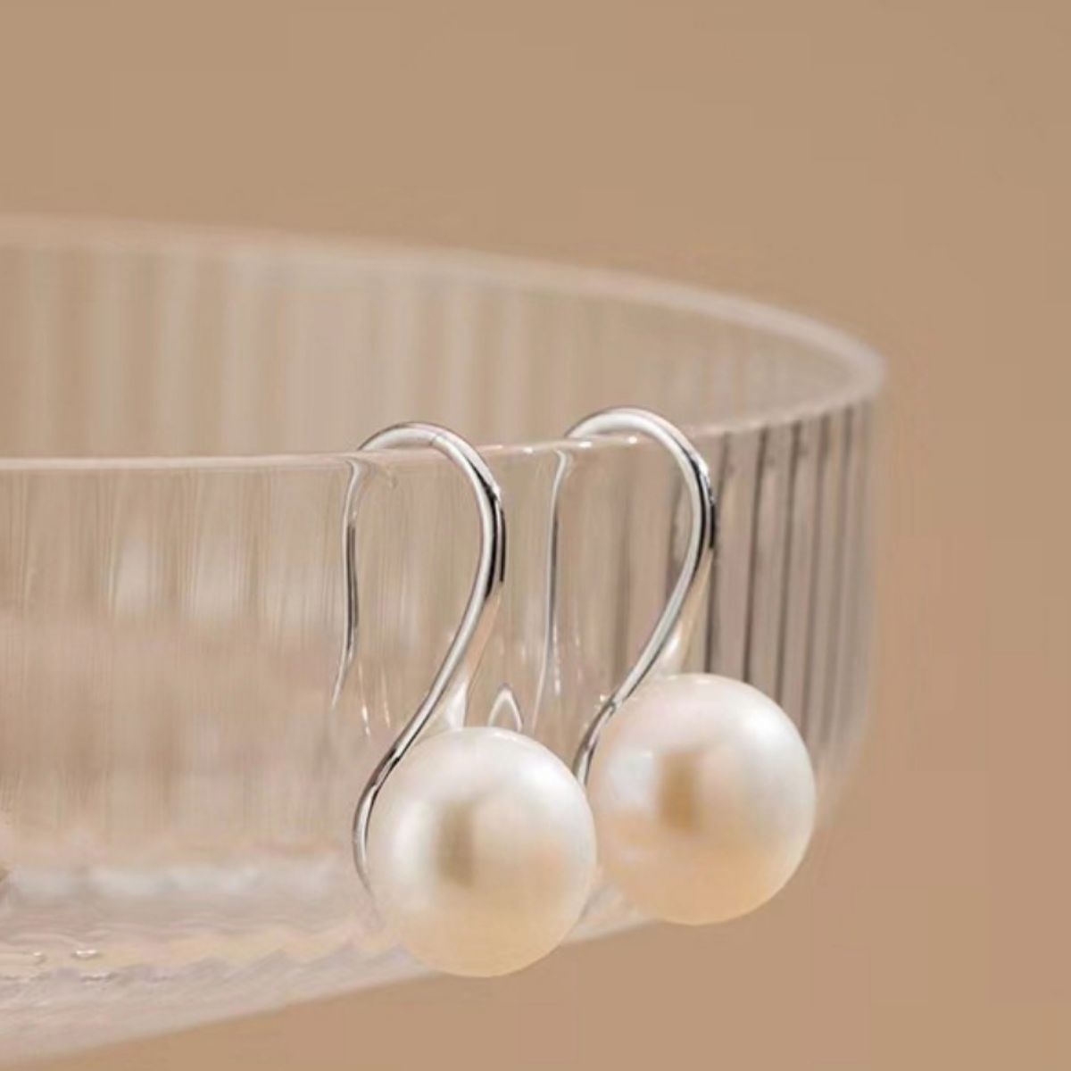 Silver pearl drop earrings with curved hooks, twin round white pearls