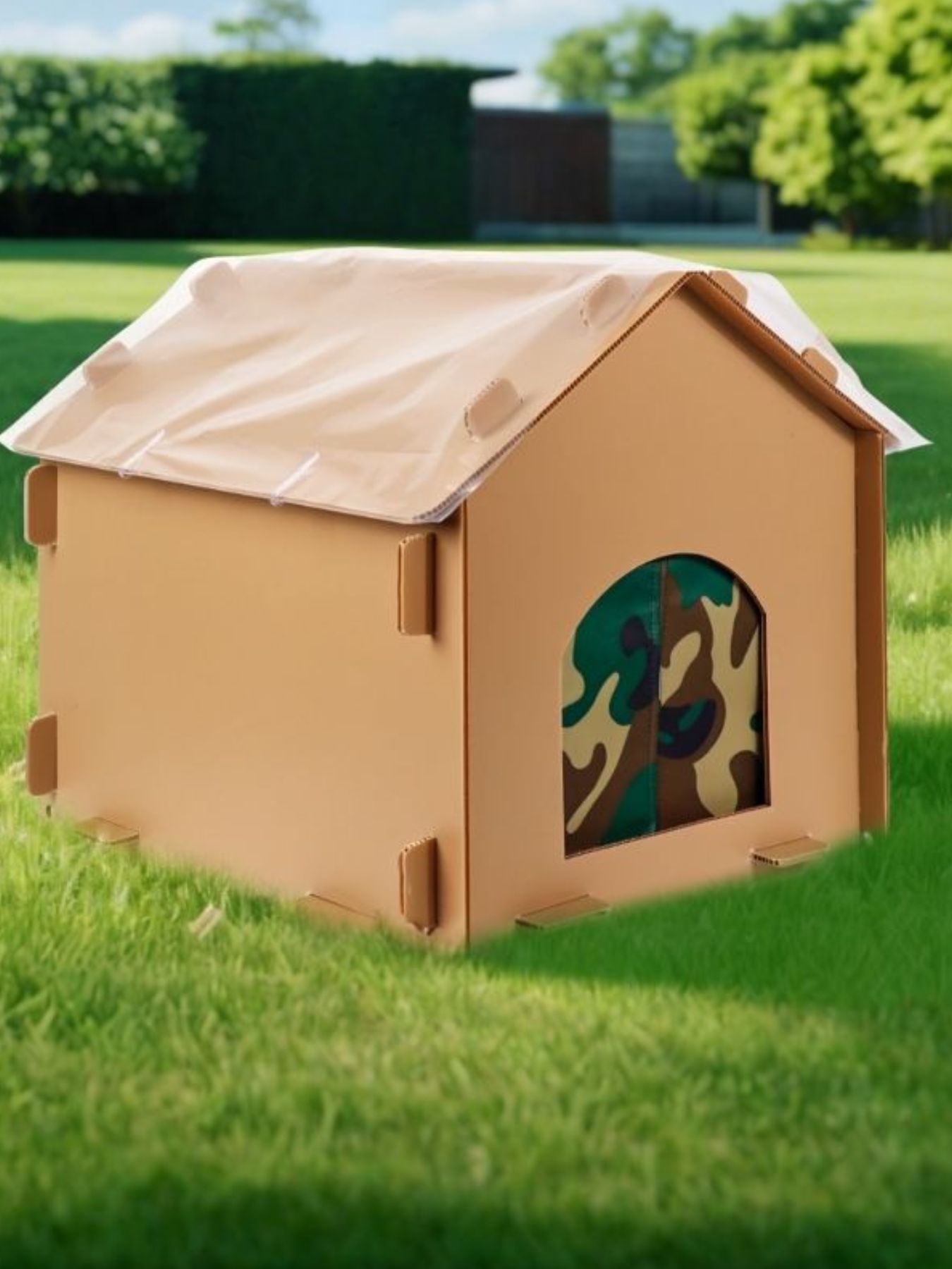 Waterproof pet house beige con cubierta superior blanca y puerta semicircular