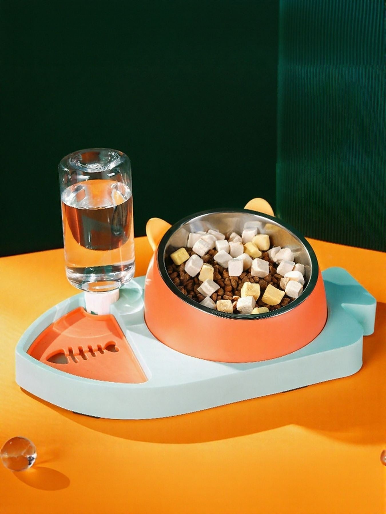Orange automatic water refill pet bowl with stainless bowl, food dish, and water bottle