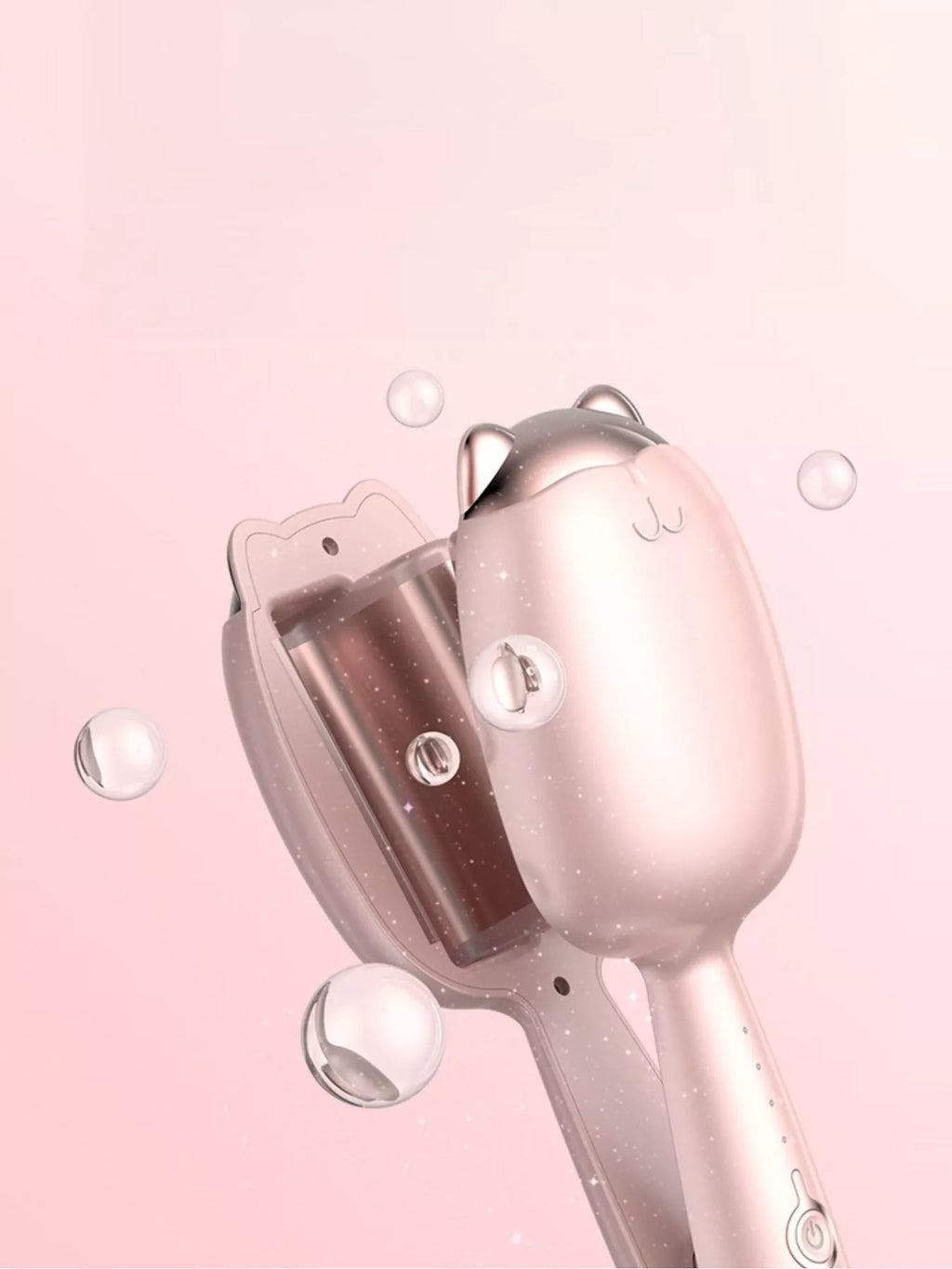 Pale Blush cat-shaped heated curling iron with open barrel and small indicator lights.