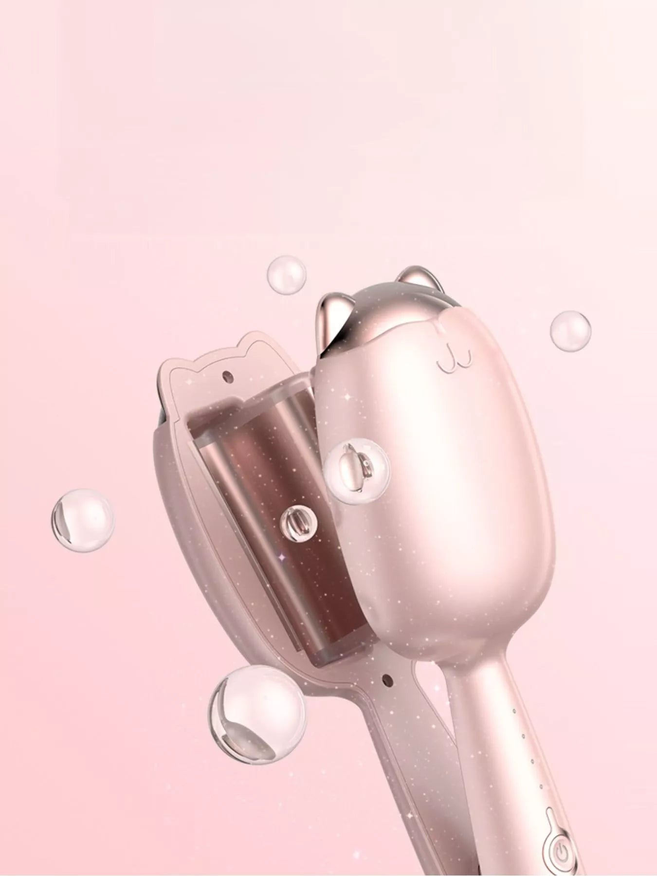 Pale Blush cat-shaped heated curling iron with open barrel and small indicator lights.