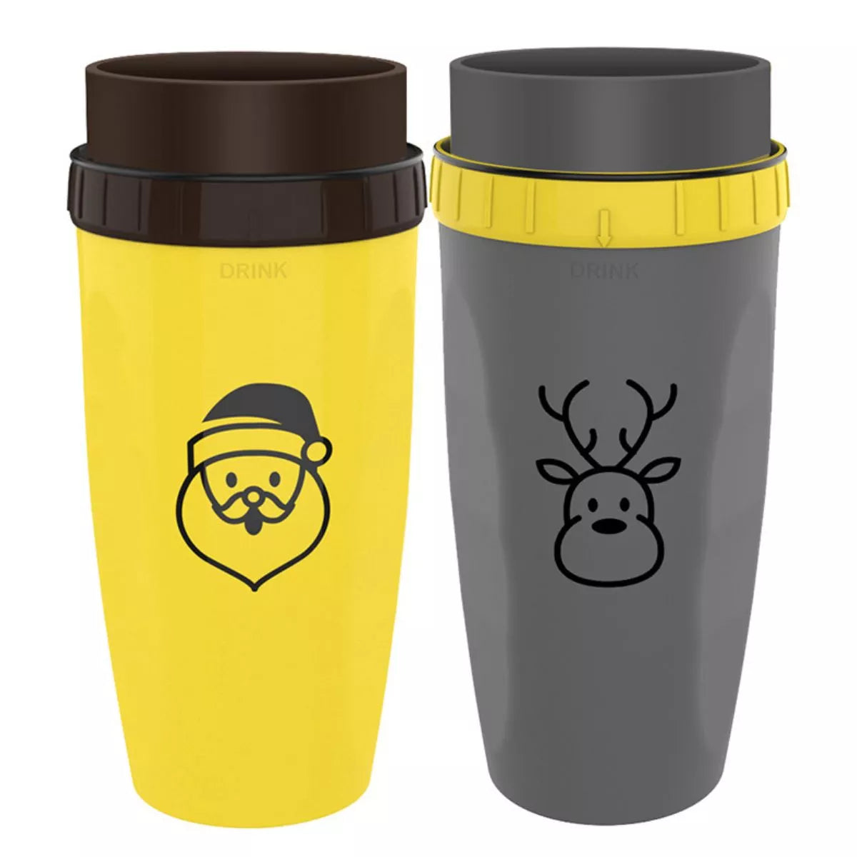 Set of Christmas character kettles: yellow Santa, gray reindeer, flip-top straw lids
