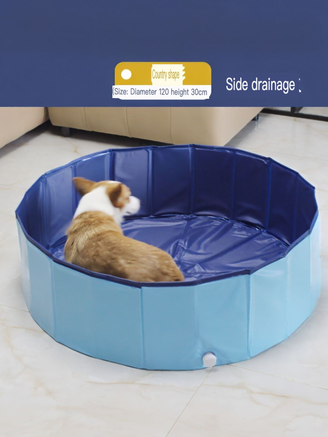 Foldable pet bath pool, blue; round 120cm diameter x 30cm height; side drainage