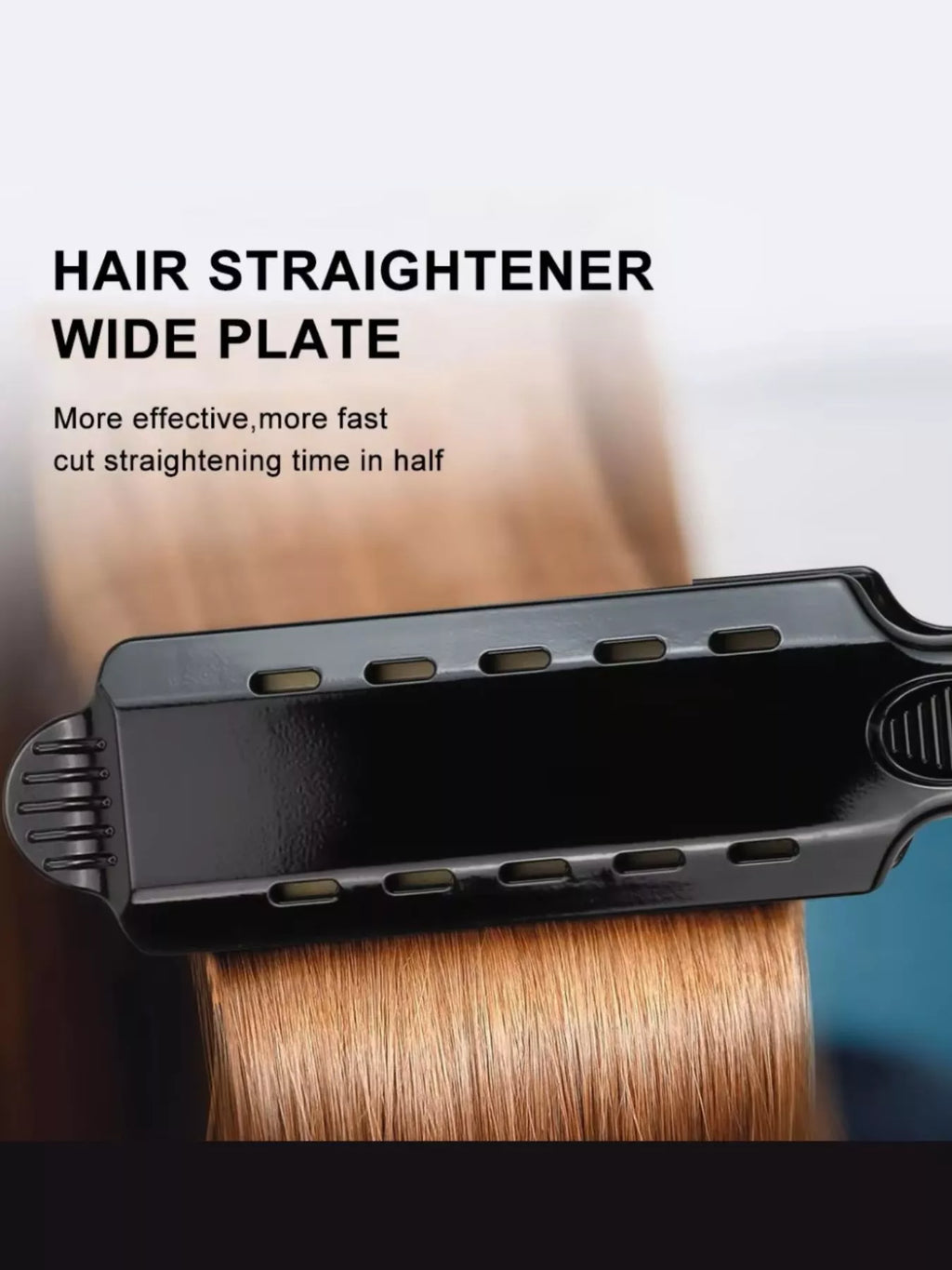 Wide-plate hair straightener with vented titanium plates and black handle controls