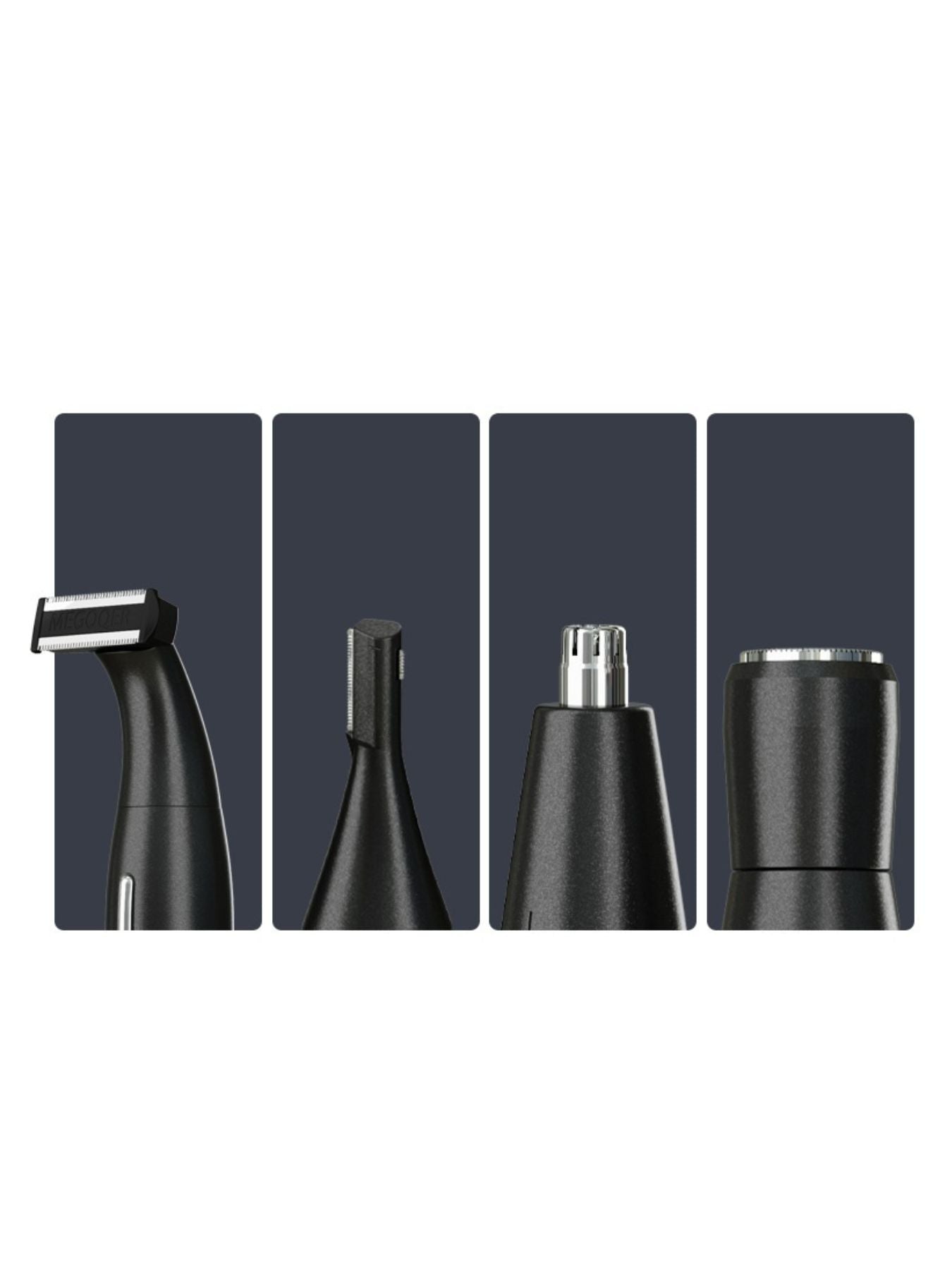 Black epilator with interchangeable shaving and trimming head attachments set