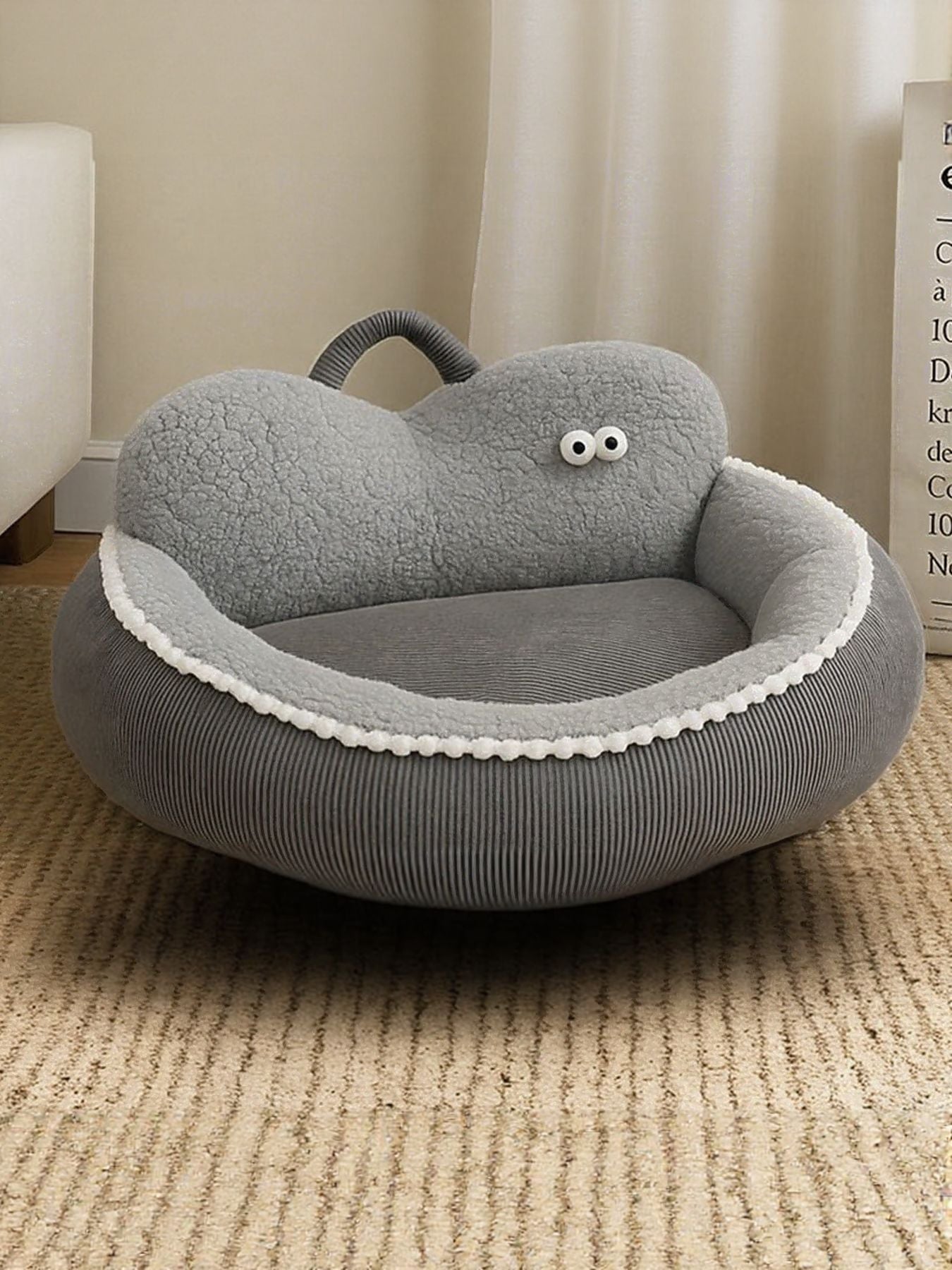 Cartoon Design Cozy Pet Nest, gray sofa nest with handle and cartoon face