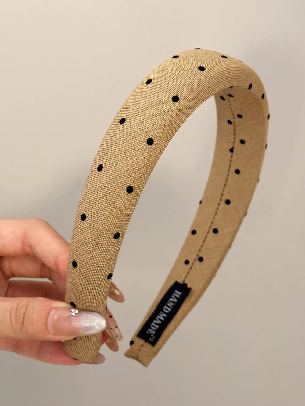 Camel polka dot wide polyester headband with black dots