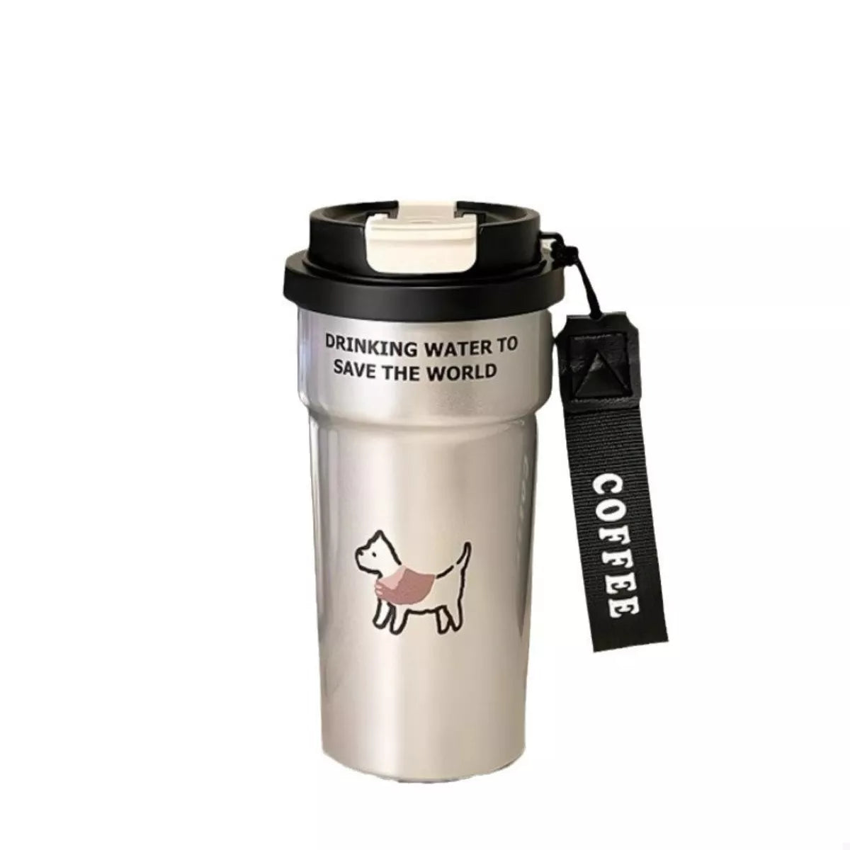 Black stainless tumbler with straw, cat graphic, COFFEE strap, 'SAVE THE WORLD' text