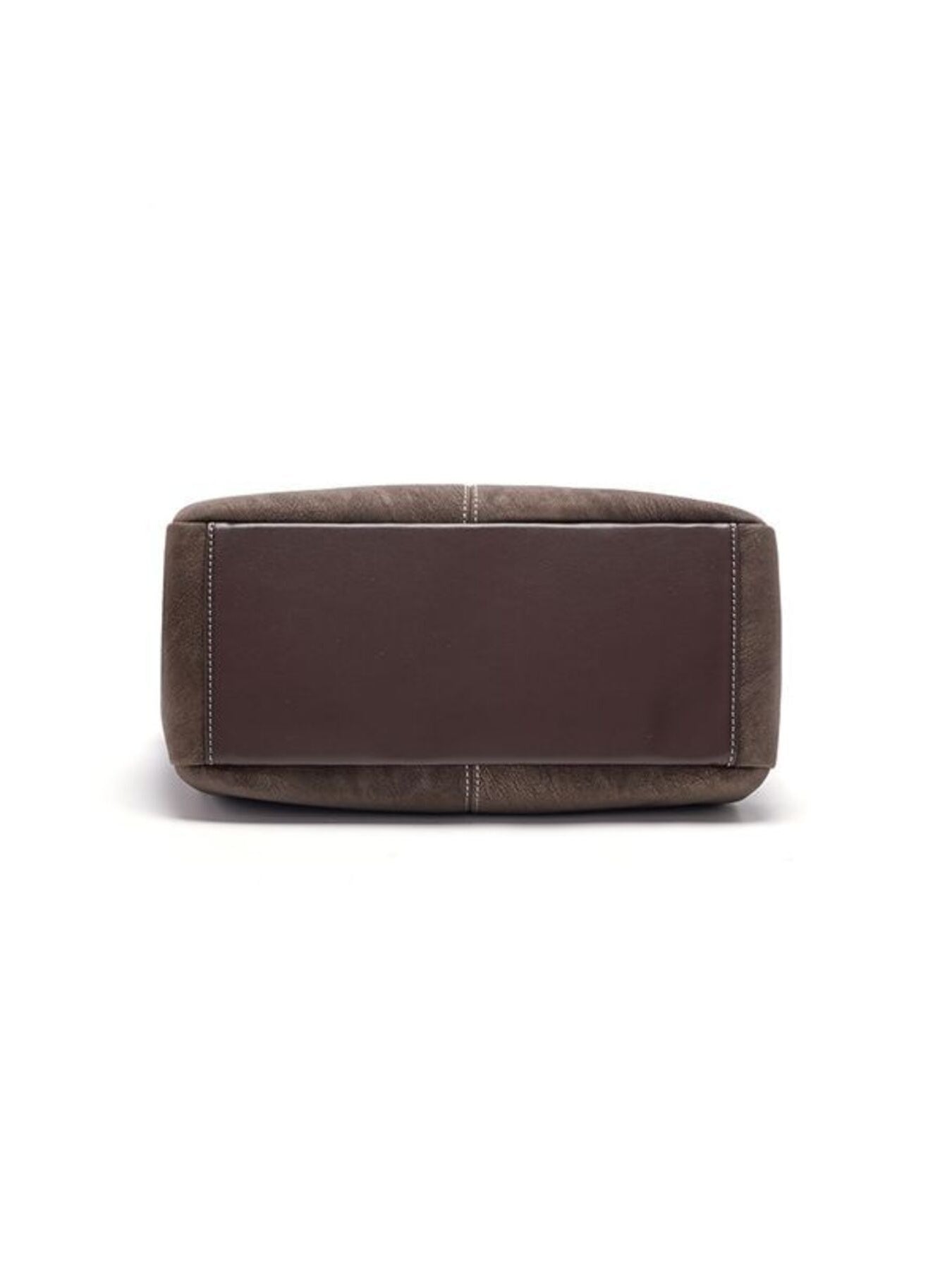 Brown shoulder bag with stitched seams and flat rounded bottom