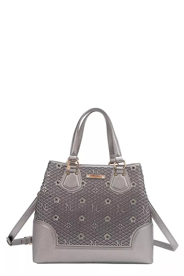 Pewter monogram handbag with top handles, textured pattern and metal studs