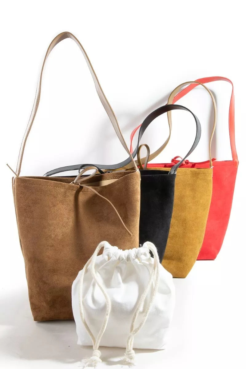 Bucket pouch tote set, faux suede in brown, black, and red with drawstring pouches