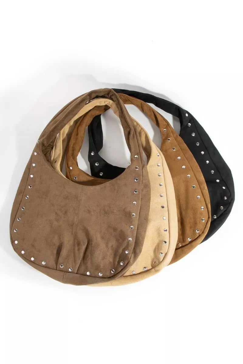 Studded-trim faux suede hobo bags in brown, black and tan (shown together)
