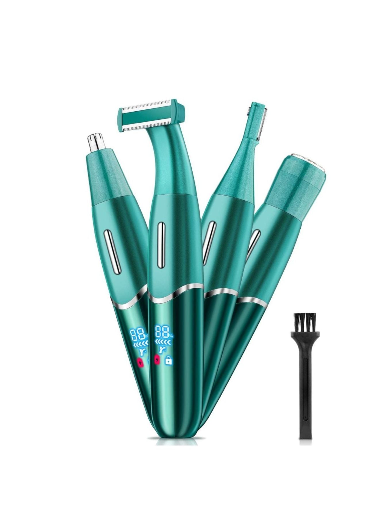 Turquoise electric hair epilator with LED display and several detachable grooming heads