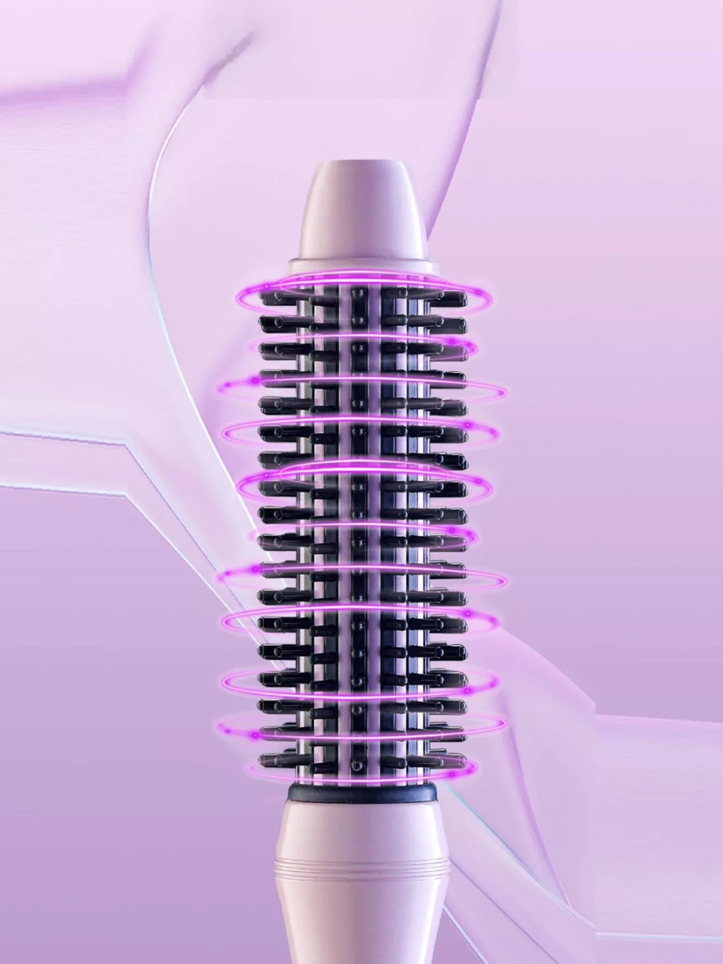 Pink-purple hot air brush with vents ring around black bristle barrel