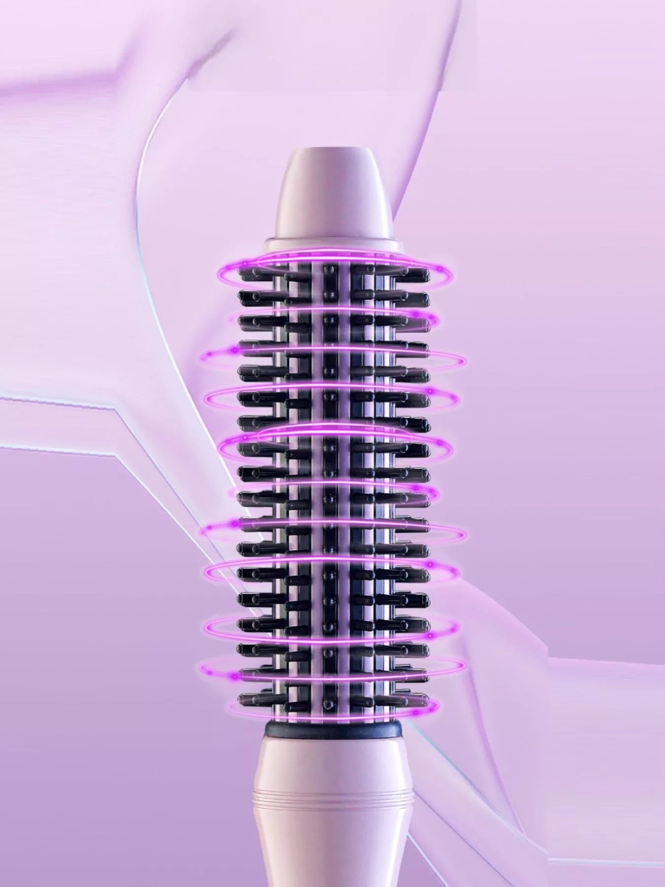 Pink-purple hot air brush with vents ring around black bristle barrel