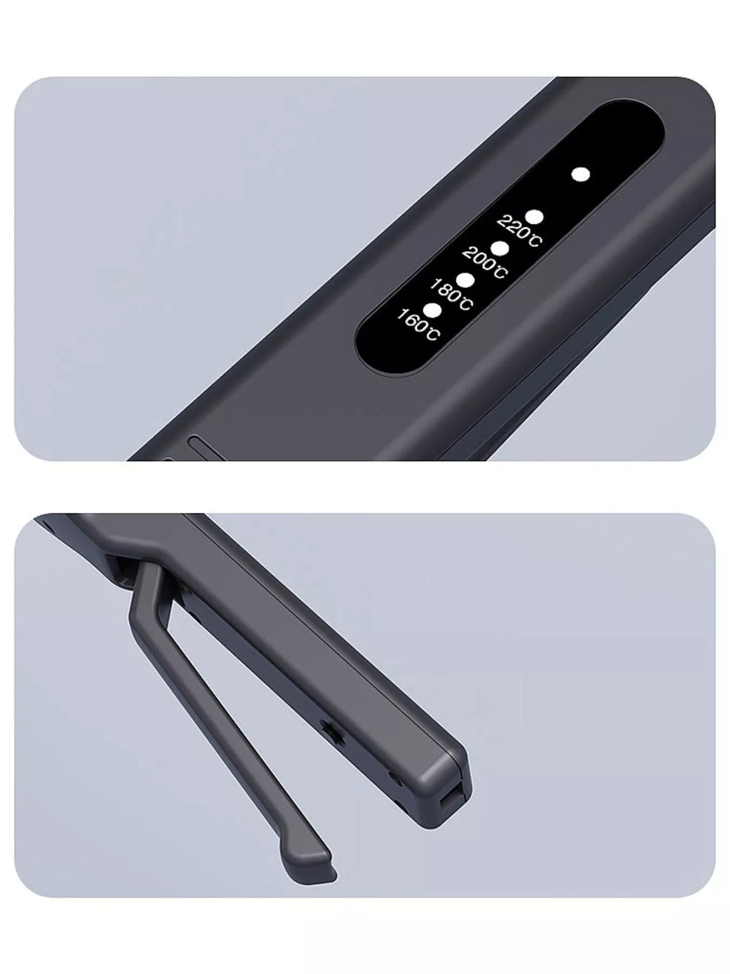 Black adjustable temperature hair straightener showing temperature settings
