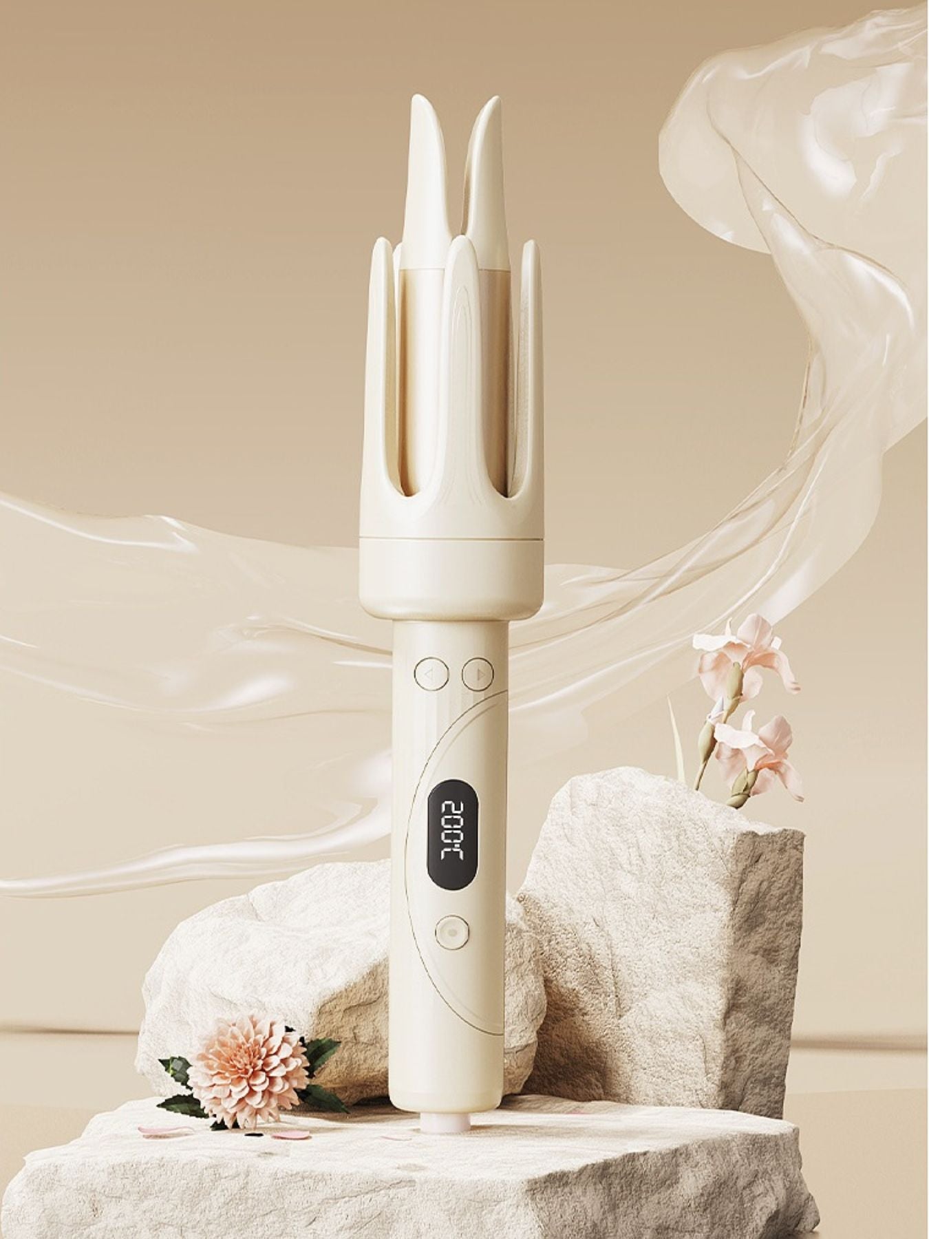 Beige automatic hair curling iron with three vertical barrels and control buttons