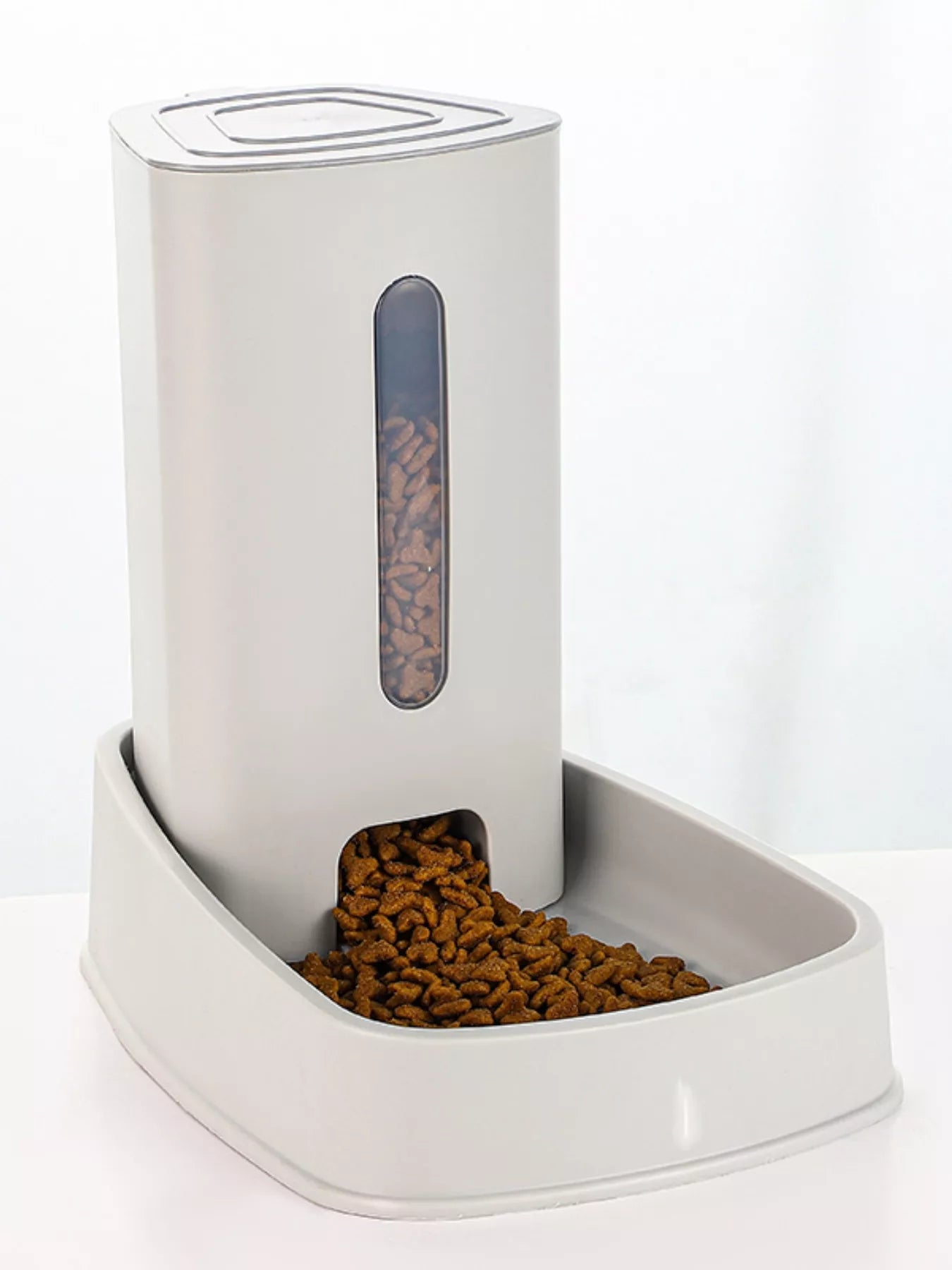Automatic Food Dispenser Pet Bowl, Light Blue; see-through window above filled base tray