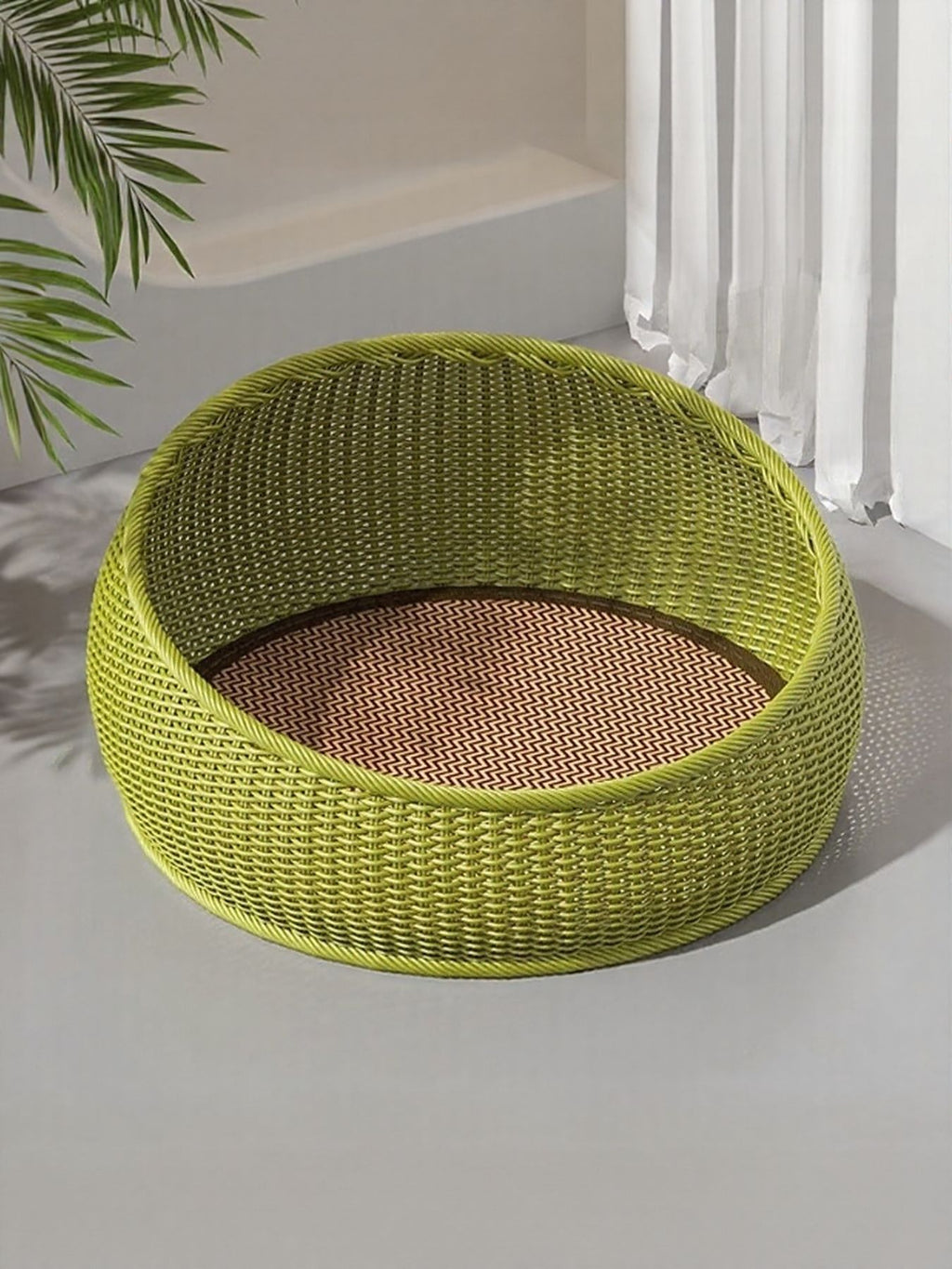 Green round woven rattan pet nest with zigzag cushion insert