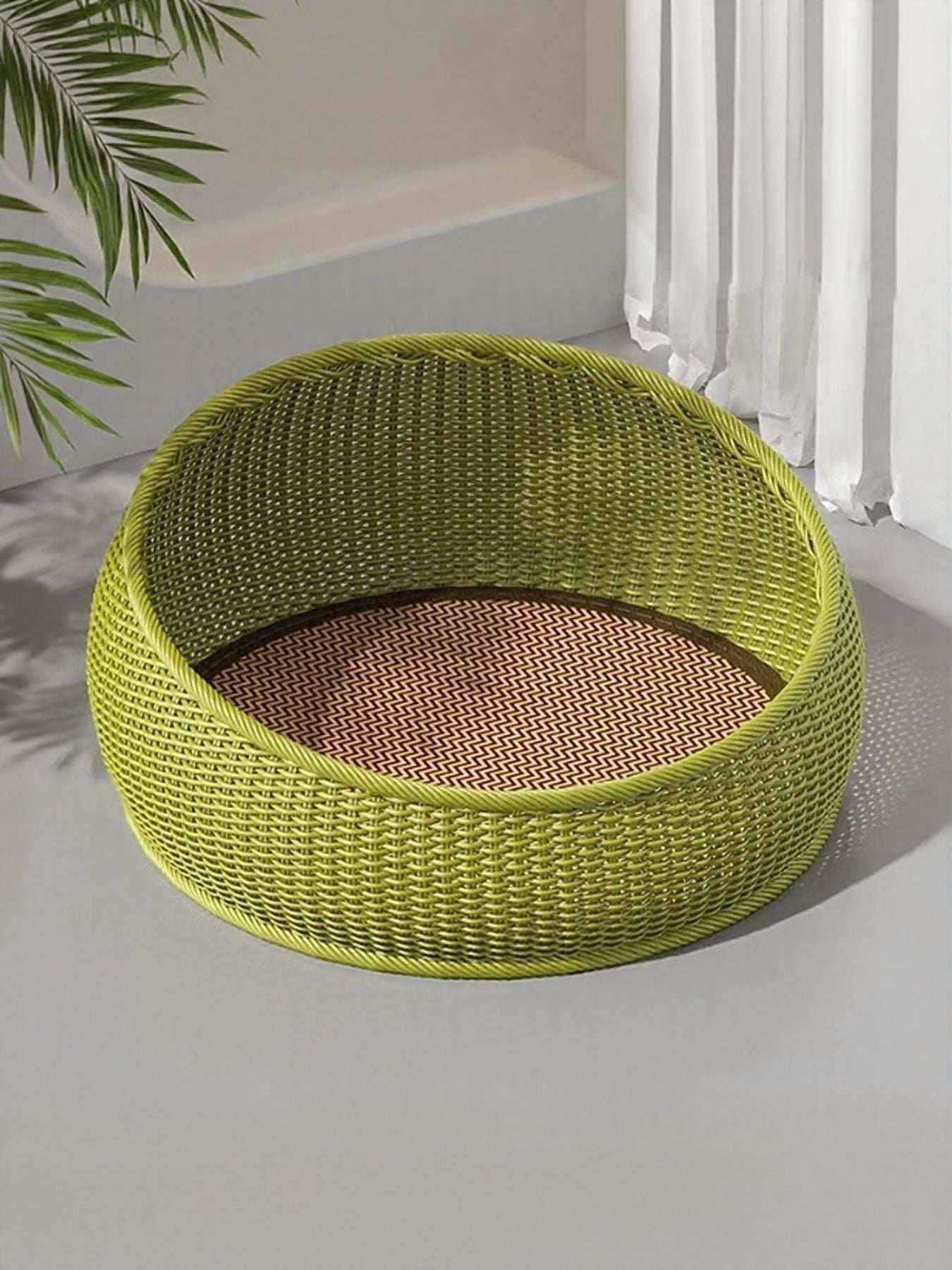 Green round woven rattan pet nest with zigzag cushion insert