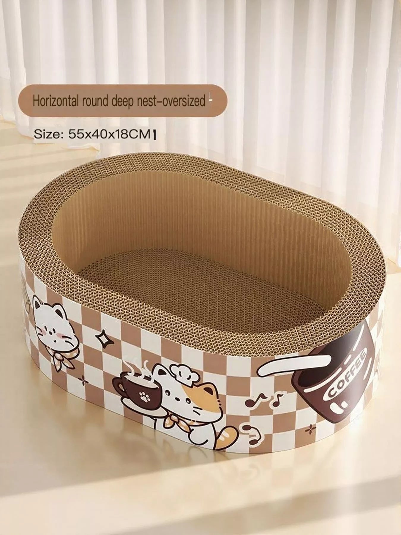 Horizontal round cat scratching lounge bed, oversize deep nest, size 55x40x18cm