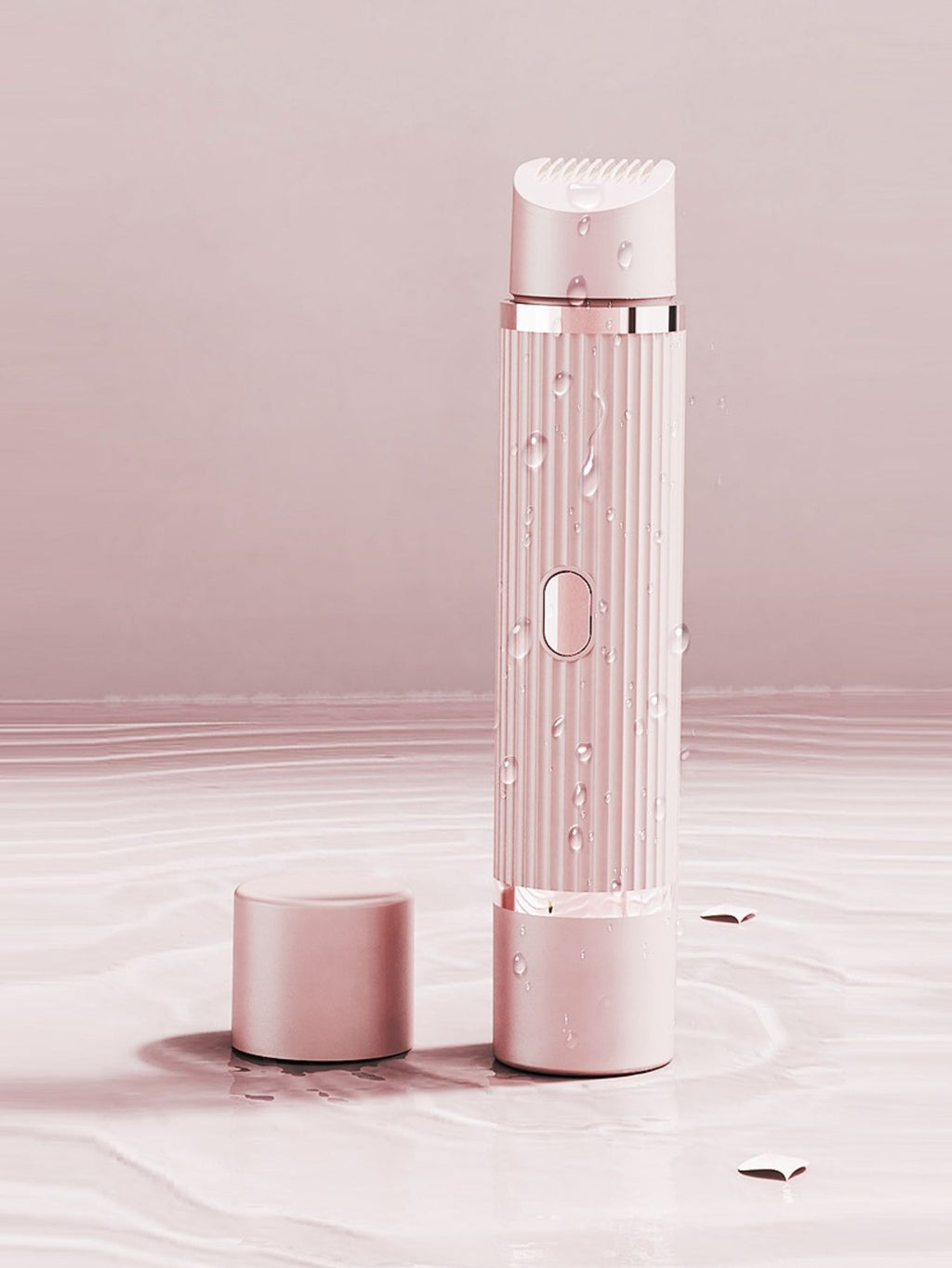 Lavender/rose-toned portable hair removal epilator with foil-like trimmer head