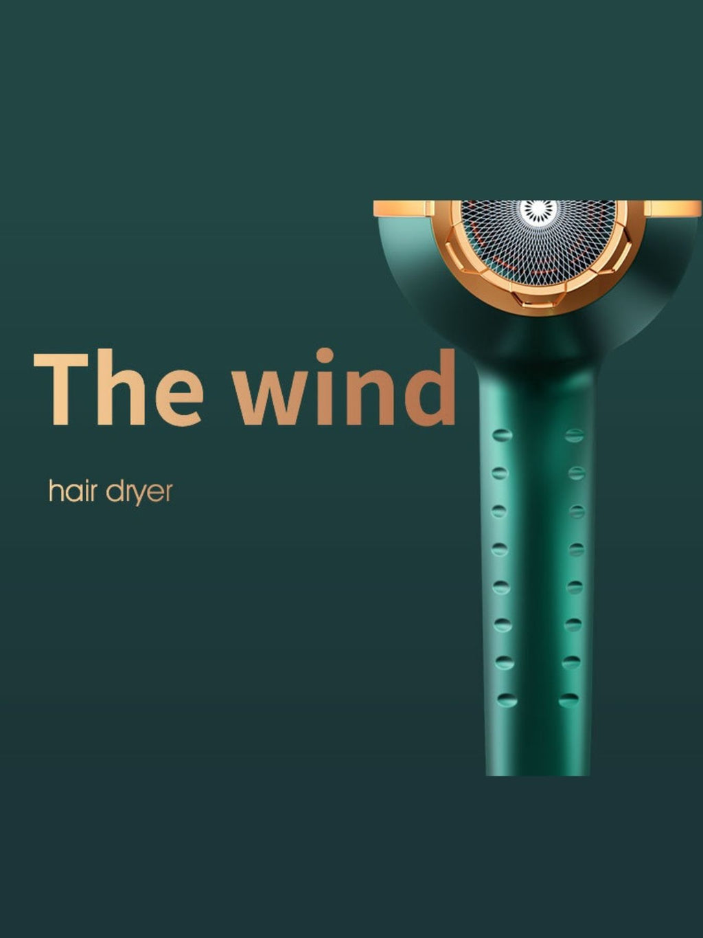 Adjustable temperature hair dryer, Vorderansicht mit Lüftungsgitter am grünen Luftauslass