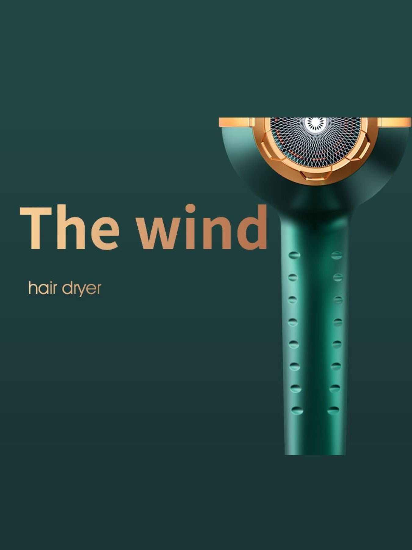 Adjustable temperature hair dryer, Vorderansicht mit Lüftungsgitter am grünen Luftauslass