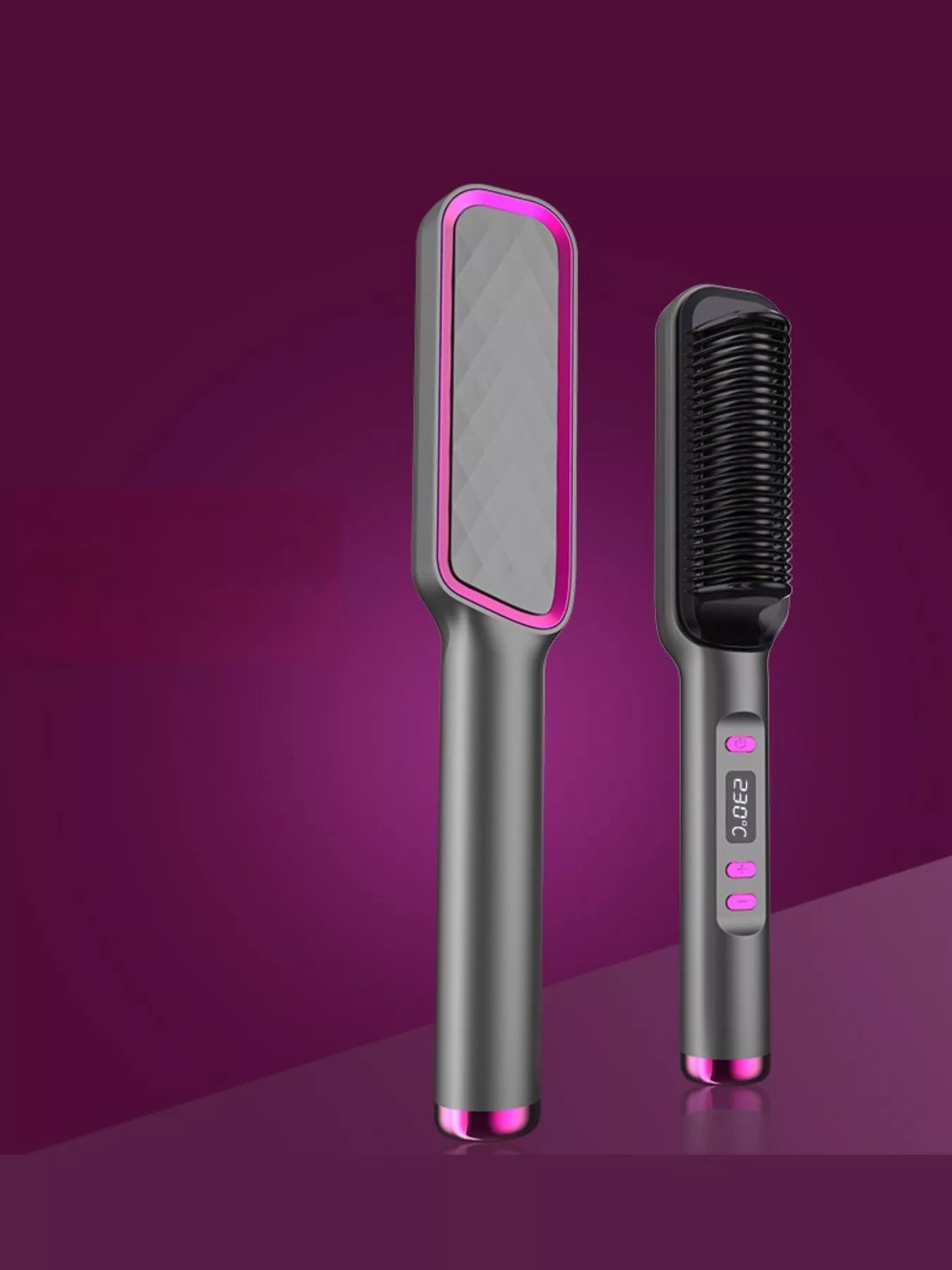 Gray ceramic straightening comb with translucent heat plate and pink outline