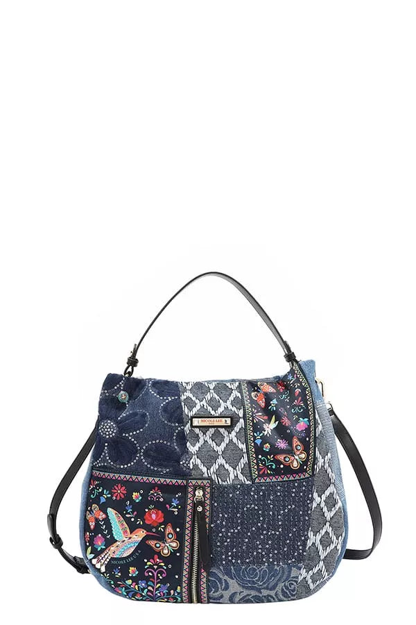 Nicole Lee USA Bosque De Amor denim hobo bag con patches coloridos y colgador frontal