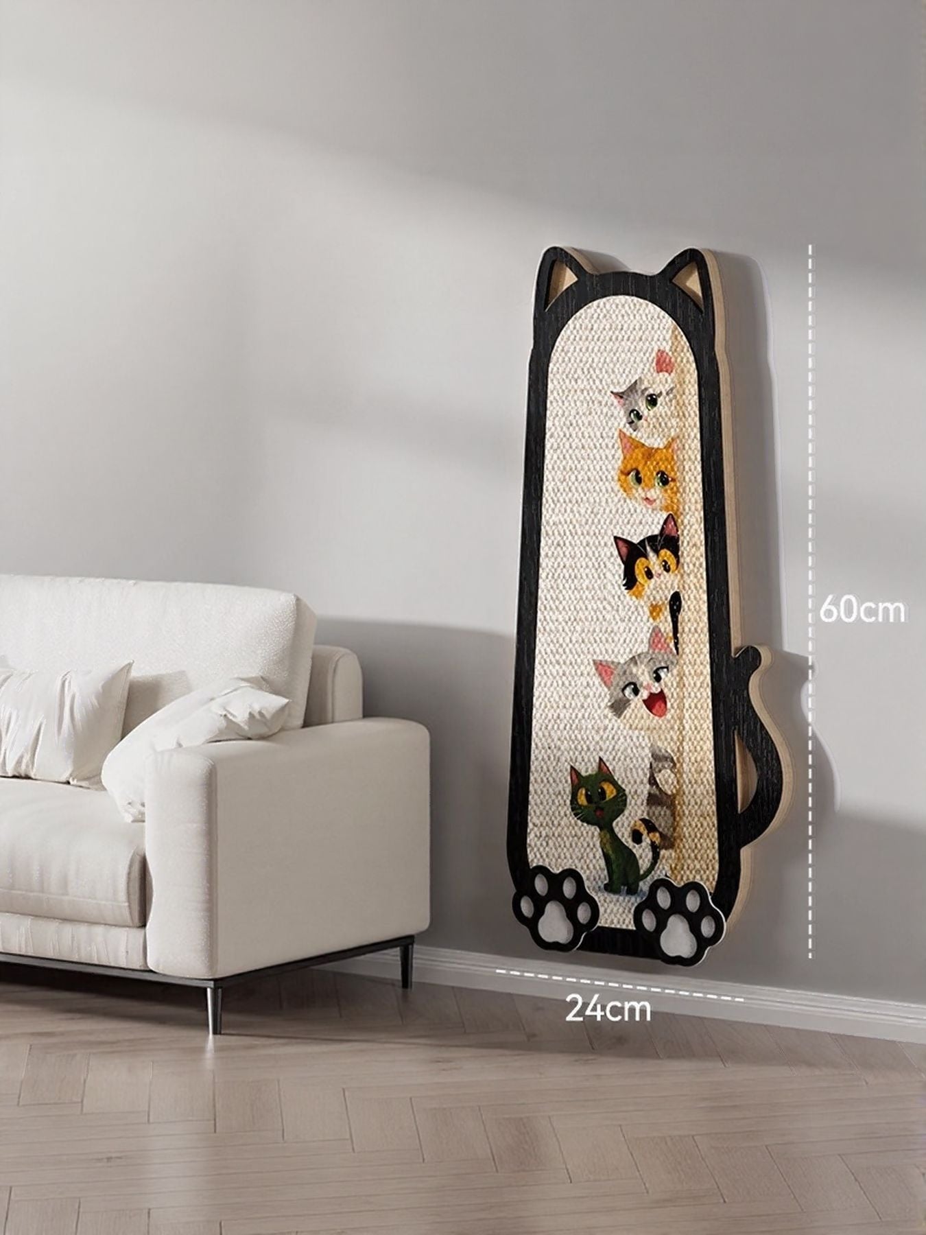 Cat scratching post with beige sisal surface and colorful cat collage inside frame