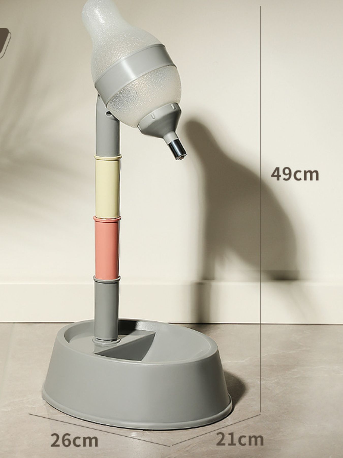 Gray automatic pet water dispenser bowl with size measurement: 49cm tall