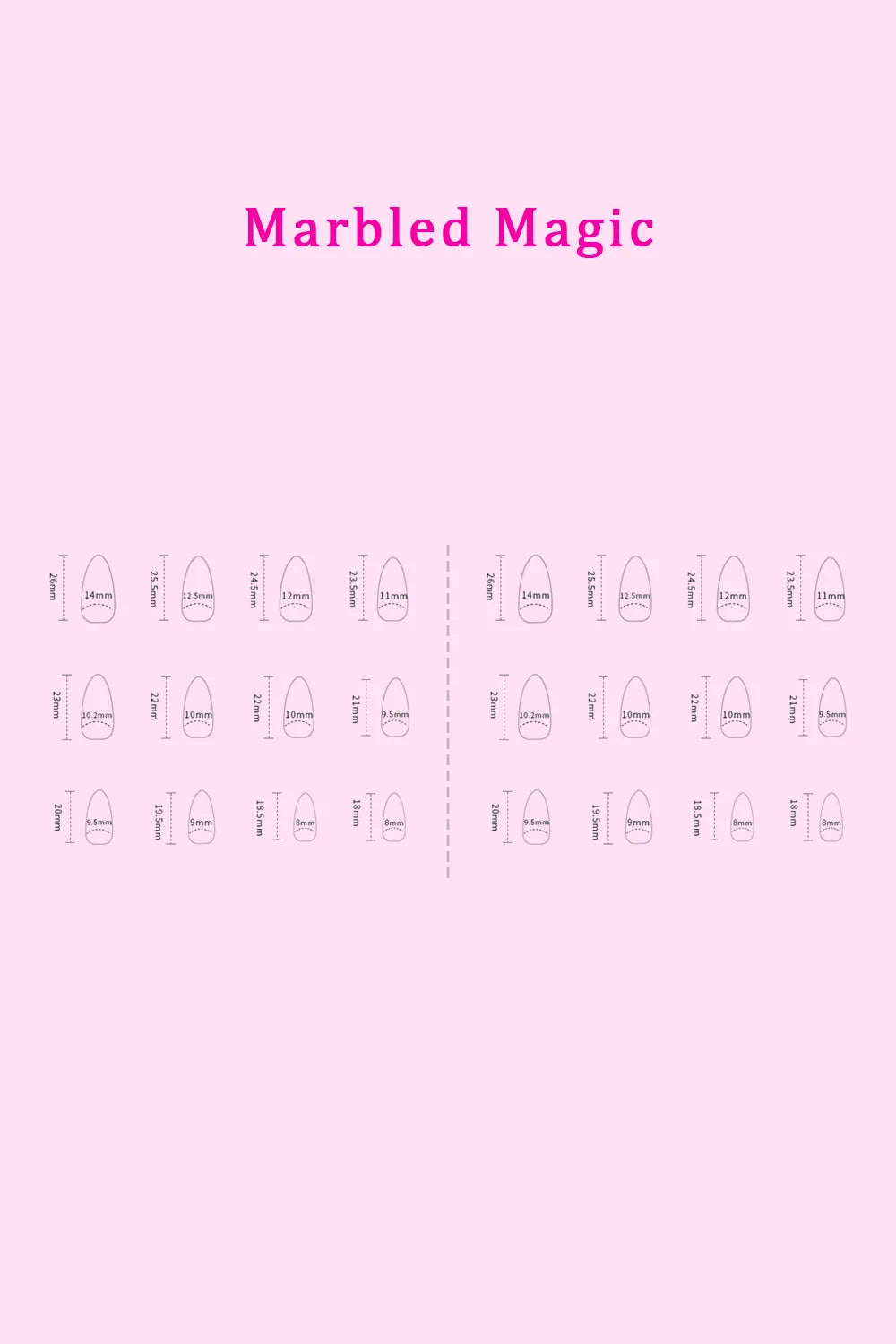 Marbled Magic nail set with printed size guide, multiple press-on nail shapes