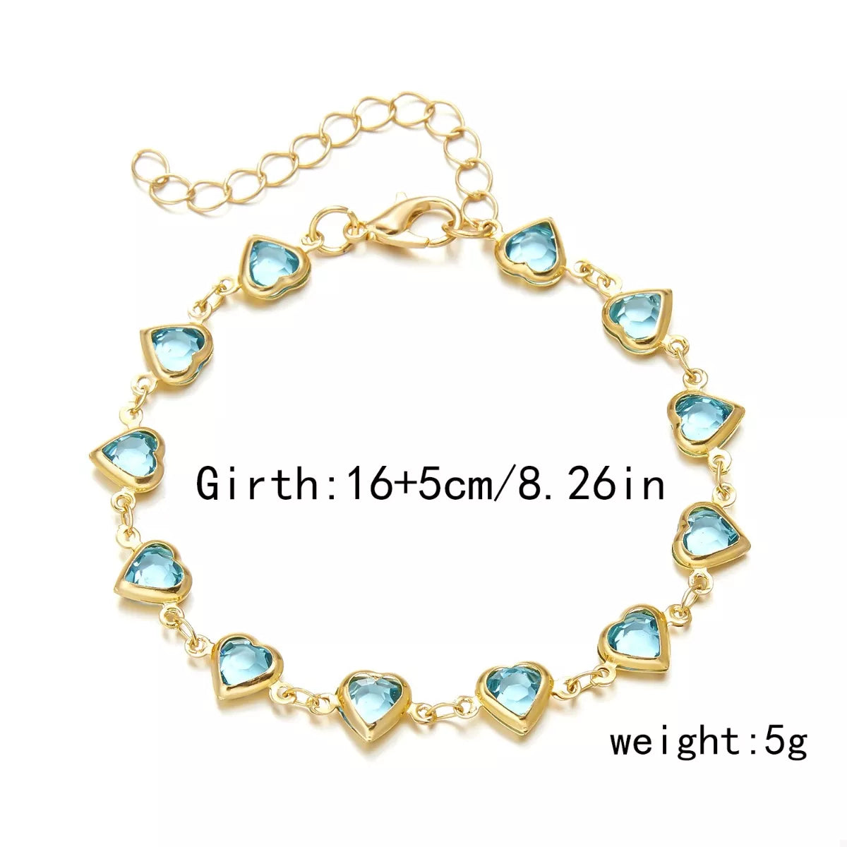 Gold-plated heart bracelet with teal heart charms; girth 16+5 cm, weight 5 g