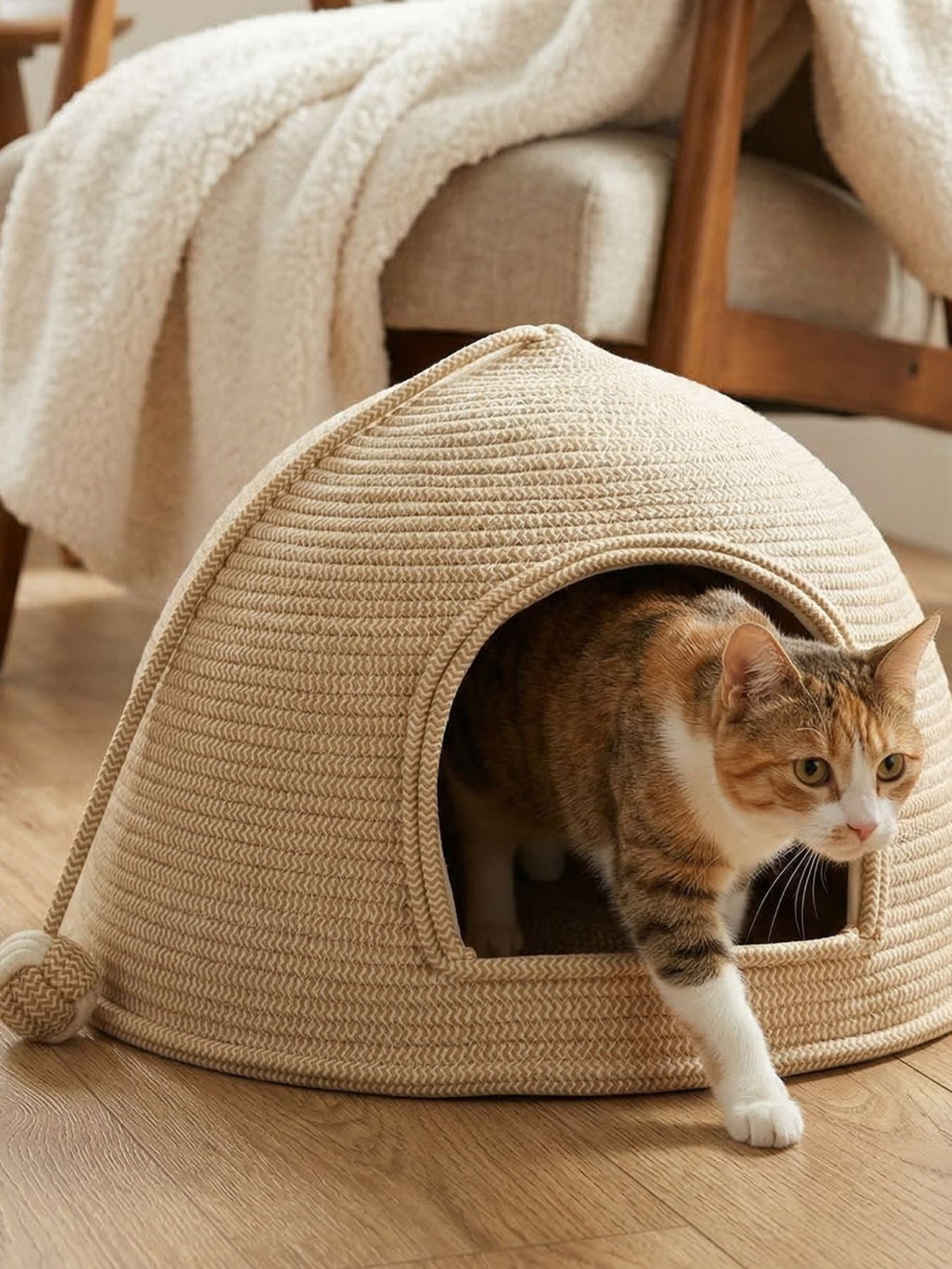Cream rope dome pet nest with cat peeking from the round doorway