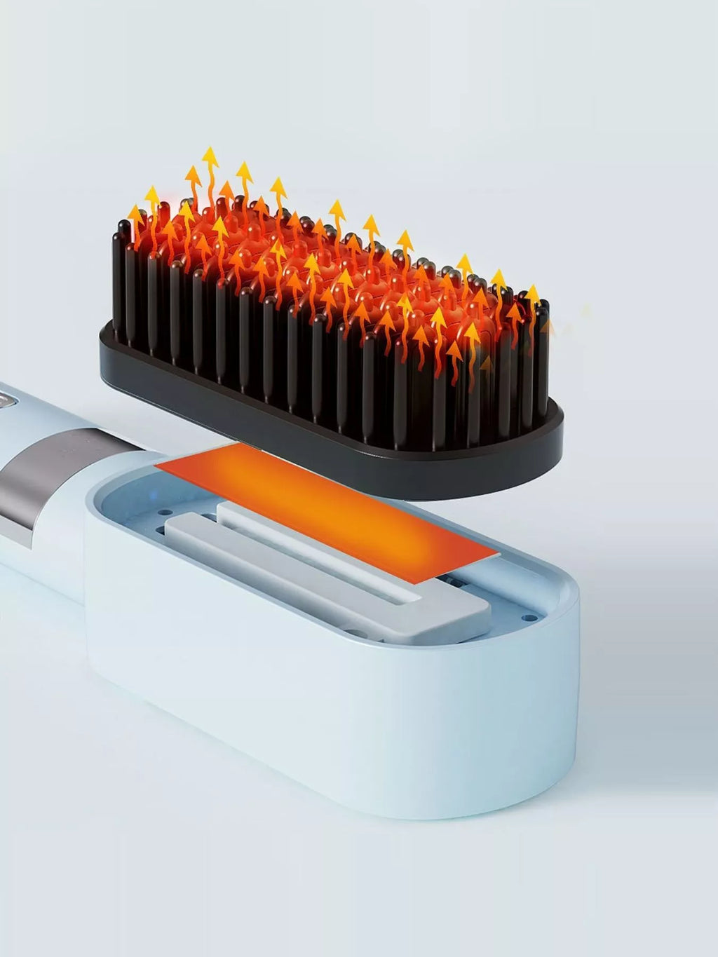 Heated straightening comb with glowing heat panel and black bristle rows