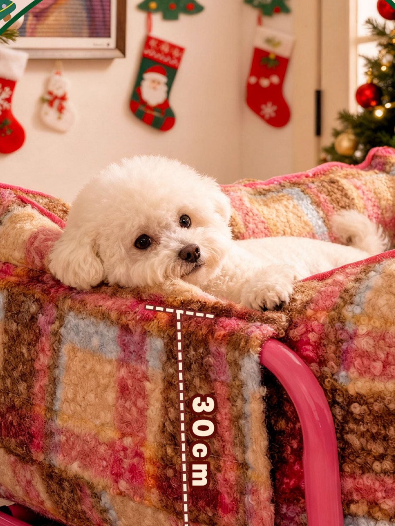 Plüsch-Pet-Sofa mit Karomuster, pinkem Griff; Maßband „30cm“ sichtbar