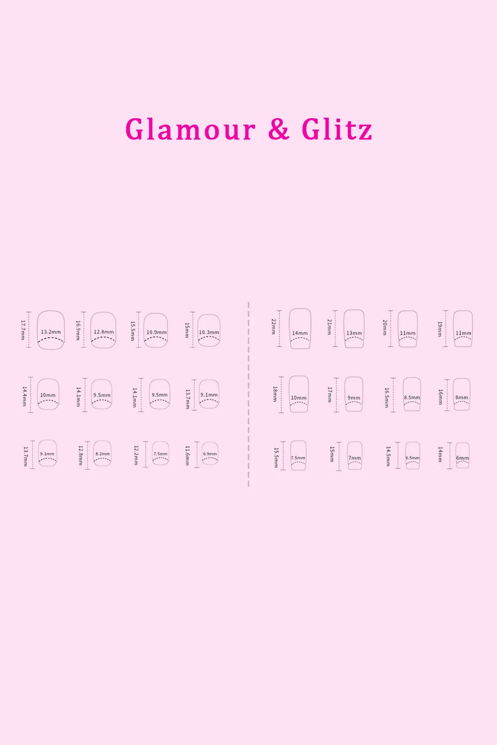 Glamour & Glitz press on nails size chart with multiple nail shapes and lengths