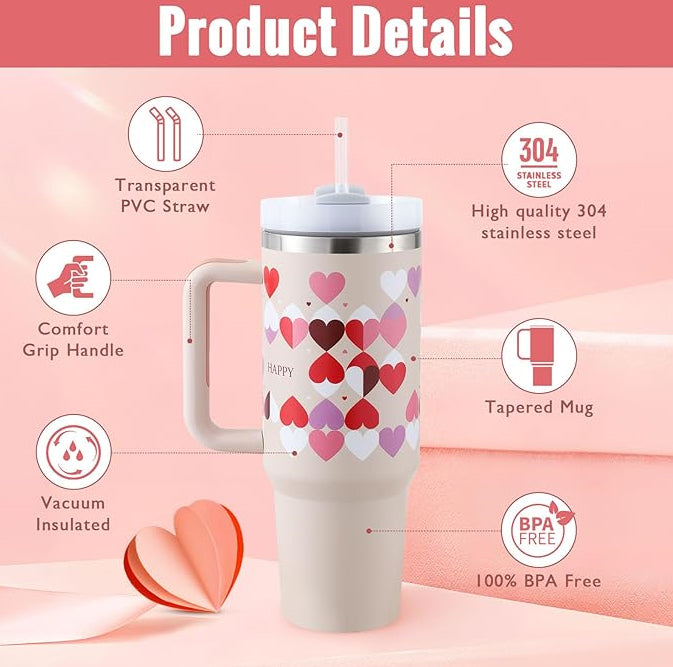 40 oz insulated tumbler with handle, clear straw, and red and pink heart print