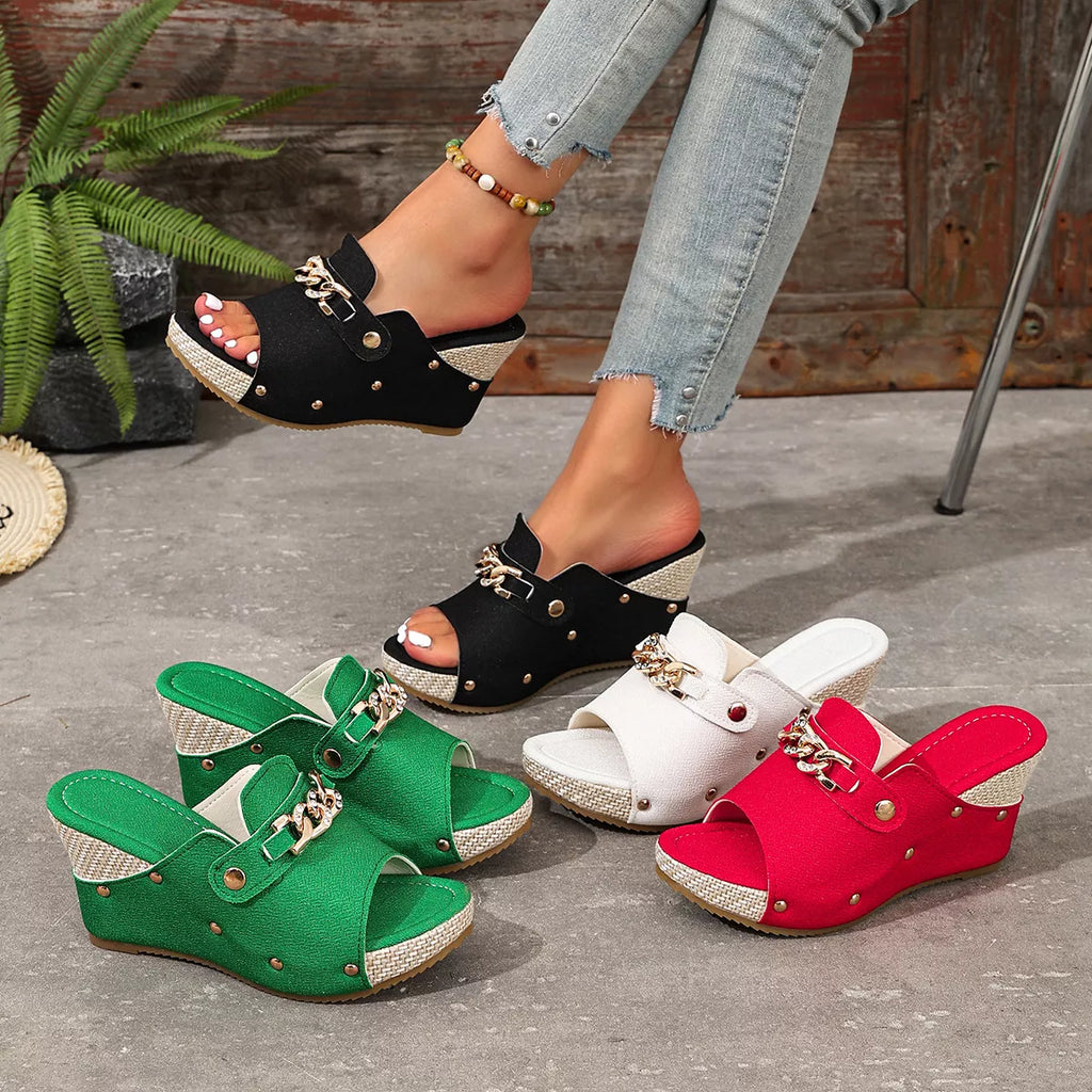 Open Toe Wedge Sandals: black, green, beige and rose red pairs with studs and chain detail