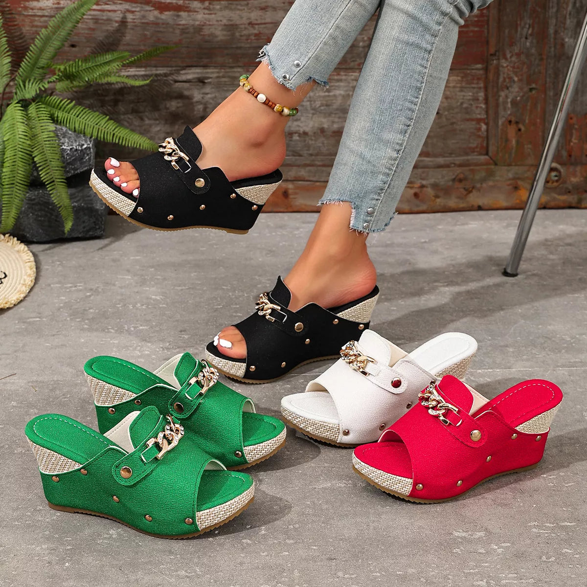Open Toe Wedge Sandals: black, green, beige and rose red pairs with studs and chain detail