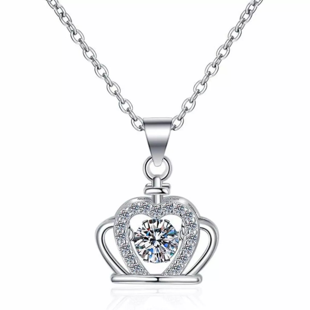 Silver crown pendant with round zircon centerpiece and heart-shaped halo