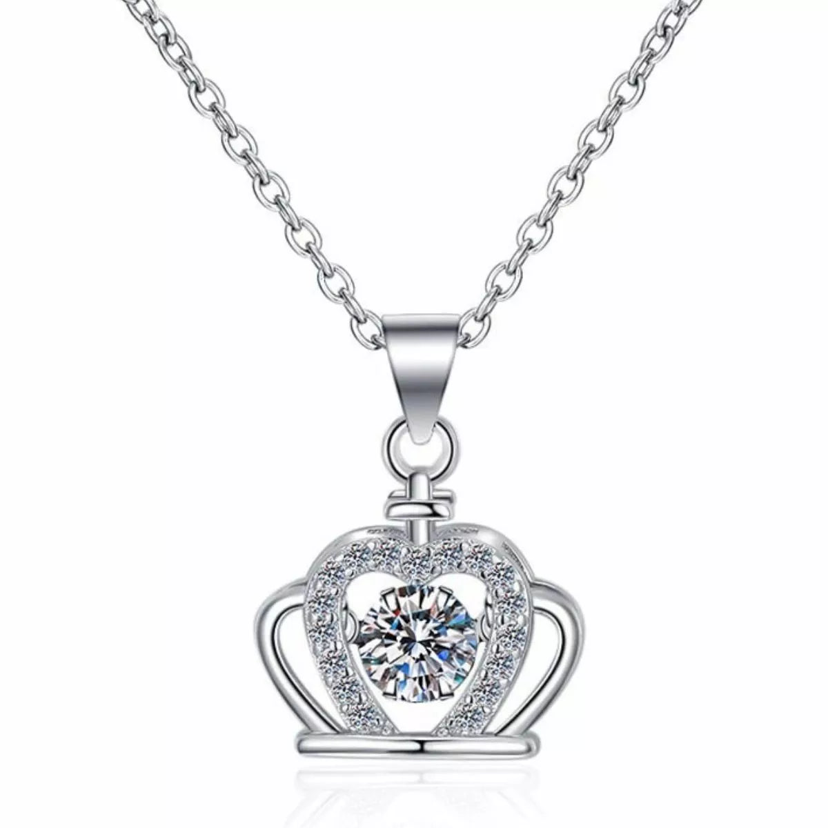 Silver crown pendant with round zircon centerpiece and heart-shaped halo