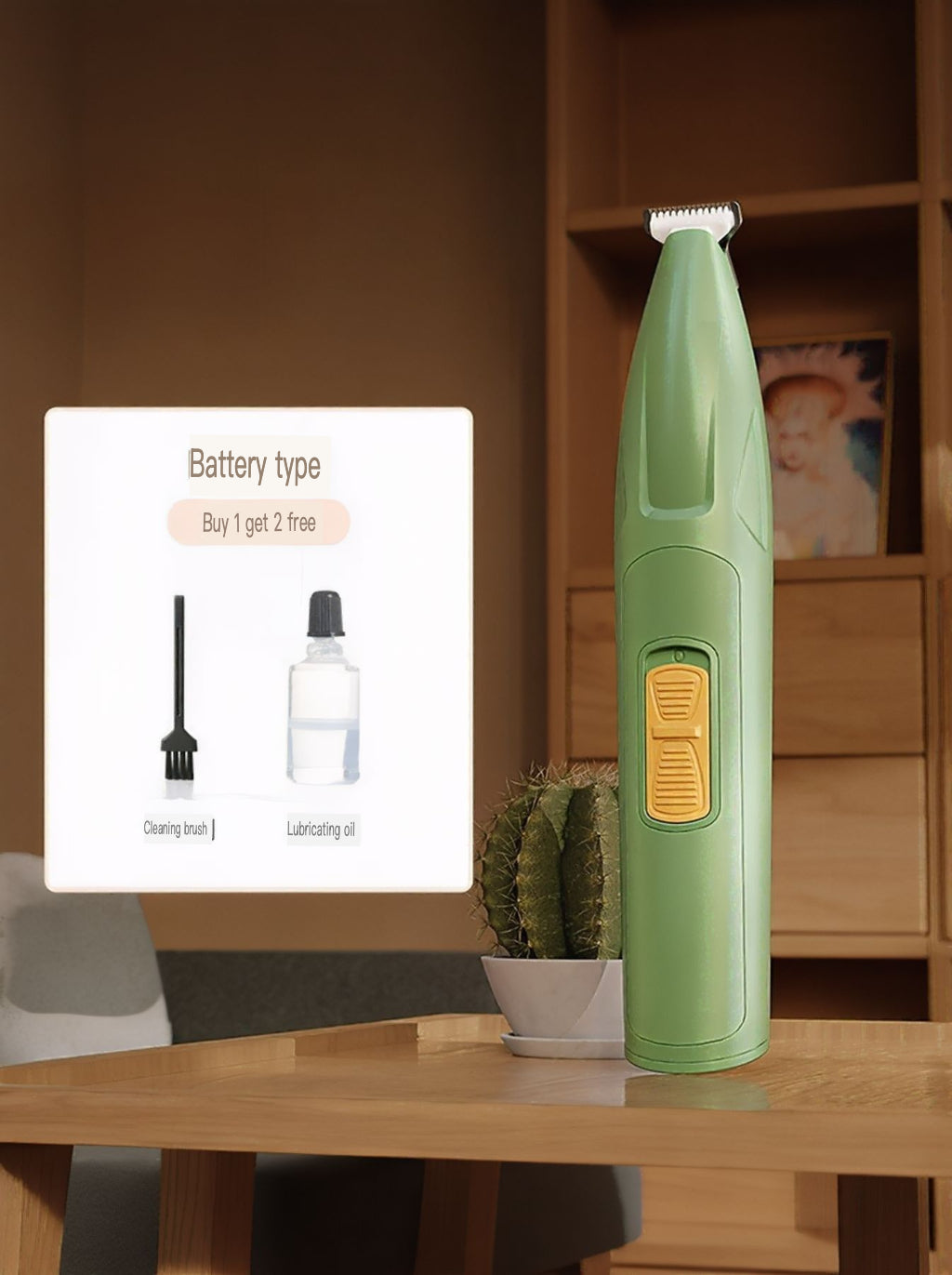 Battery powered pet paw trimmer in green, upright on table