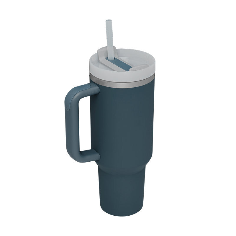 40 oz insulated tumbler with handle, straw, and lid in dark blue-gray