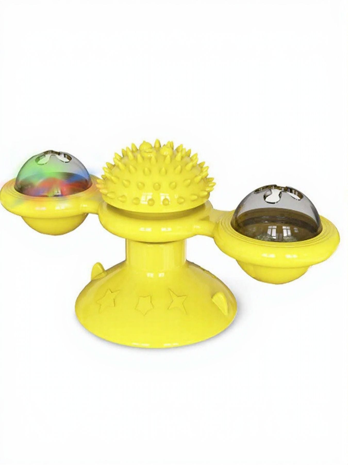 Yellow rotating cat toy with spiky wheel and three suction cup pods