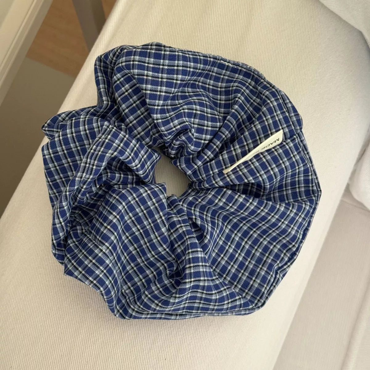5-teiliges Haargummi-Set, blau karierte Scrunchies aus Stoff mit Stoffgummiring